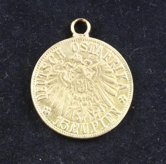 A German East African 15 Rupien World War I 1916 Seige gold coin or Tabora Pound, Type B (mounted with suspension ring).